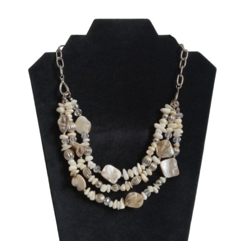 Silver Tone Metal Off White Mother Of Pearl Assorted Bead Triple Strand Necklace